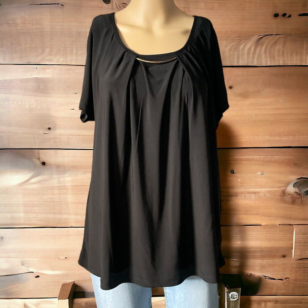 Roz & Ali Black Woman Short Sleeve Neckline Detail Blouse Top Size XL